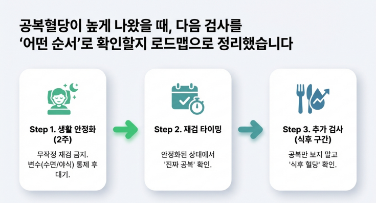 공복혈당이 높게 나왔을 때, 다음 검사를 ‘어떤 순서’로 확인할지 로드맵으로 정리했습니다
