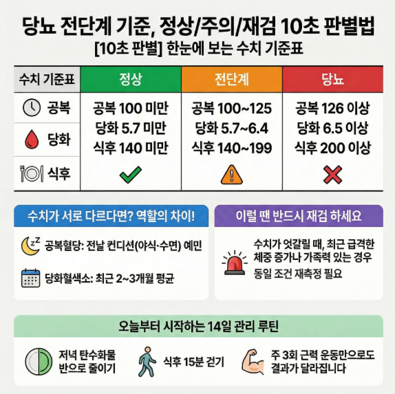 당뇨 전단계 기준은 ‘수치 하나’가 아니라 공복혈당·당화혈색소·식후혈당(경구당부하) 조합에서 갈립니다