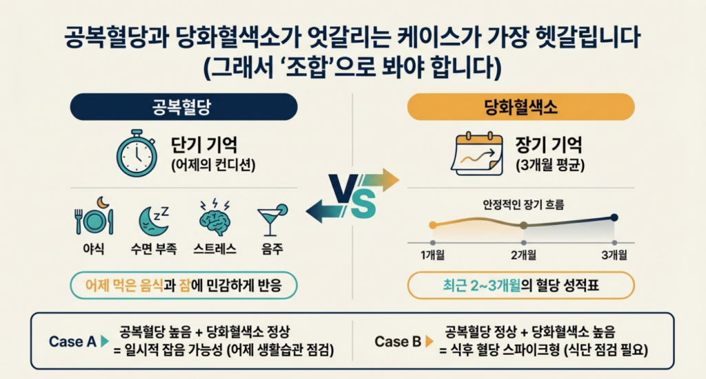 공복혈당과 당화혈색소가 엇갈리는 케이스가 가장 헷갈립니다(그래서 ‘조합’으로 봐야 합니다)