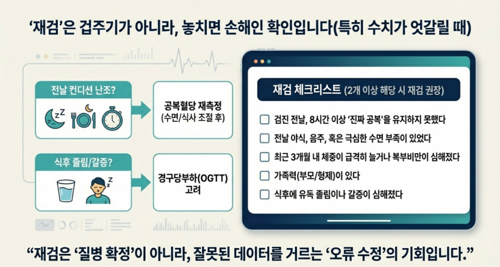 ‘재검’은 겁주기가 아니라, 놓치면 손해인 확인입니다(특히 수치가 엇갈릴 때)