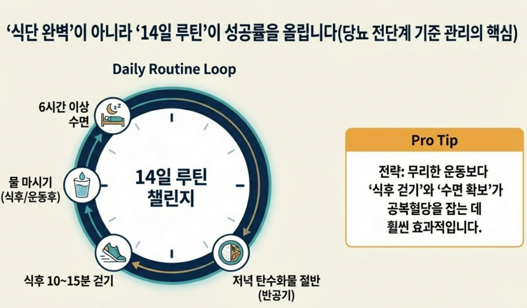 완벽한 식단이 아니라 ‘14일 루틴’이 성공률을 올립니다(당뇨 전단계 기준 관리의 핵심)