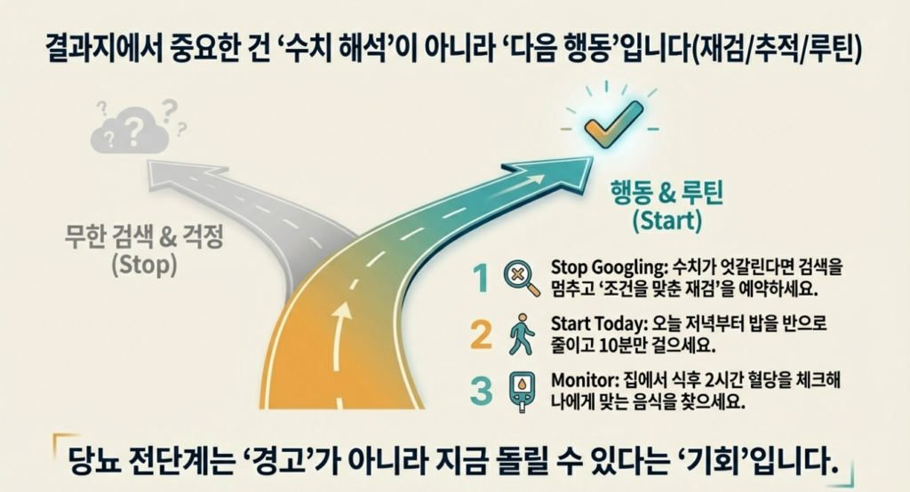 결과지에서 중요한 건 ‘수치 해석’이 아니라 ‘다음 행동’입니다(재검/추적/루틴)