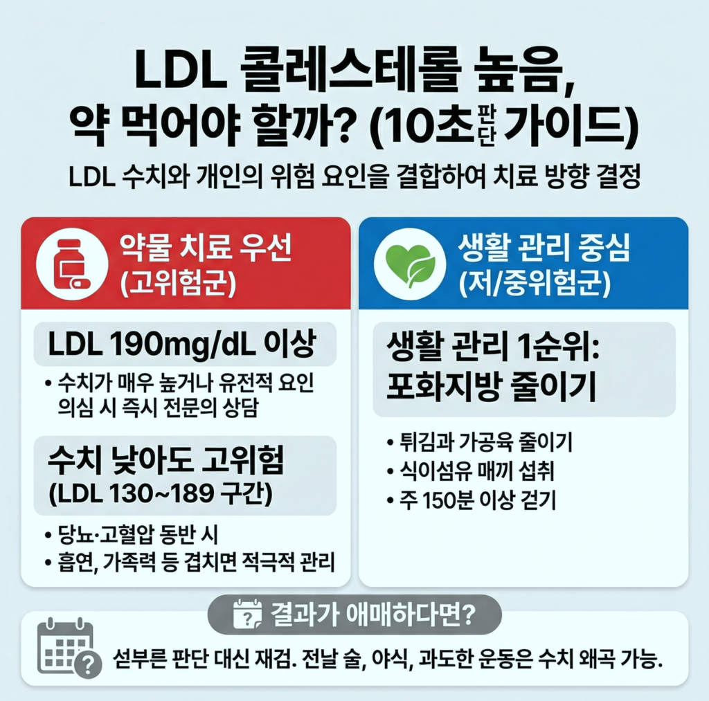 LDL 콜레스테롤 높음: “약 먹어야 하나?”가 가장 헷갈리는 구간을 10초 기준으로 정리합니다