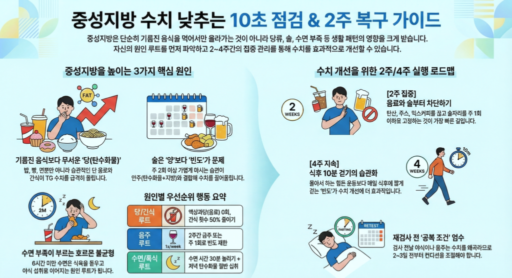 중성지방 높을 때 원인 5가지: 식단·술·당·약·수면까지 10초 점검