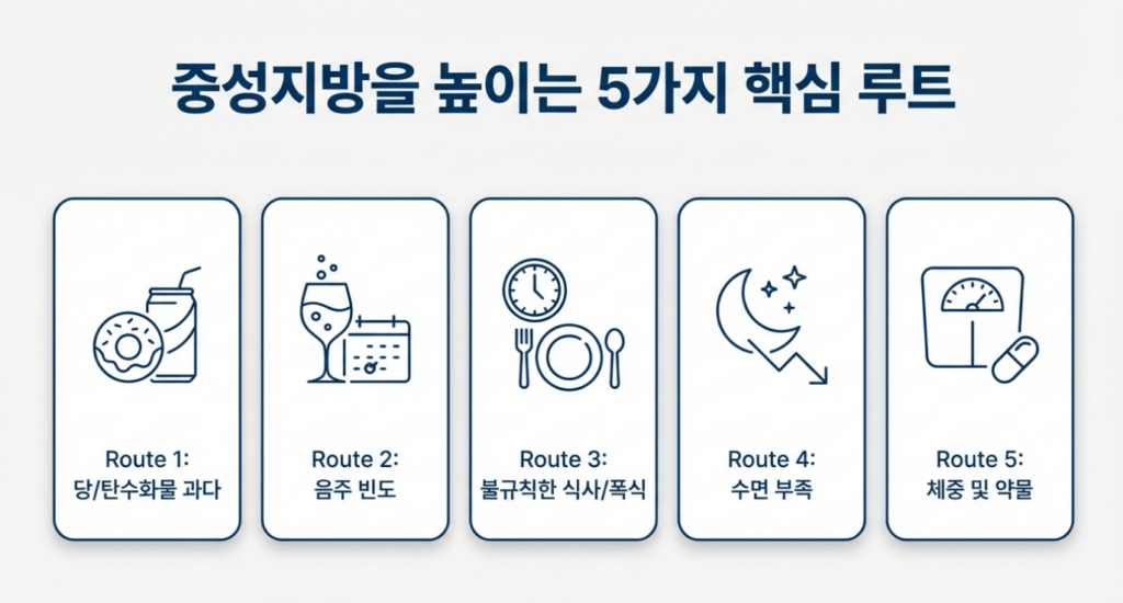 중성지방 높을 때 원인 5가지 요약: ‘당·술·폭식·수면·체중’이 핵심 루트