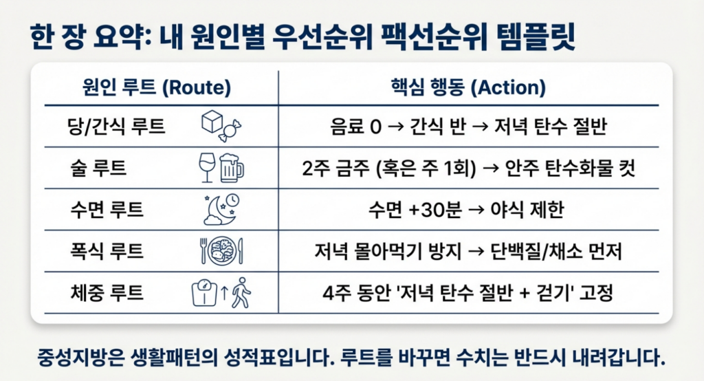 중성지방 높을 때 원인 요약: 내 루트(당/술/수면/폭식/체중)부터 잡으면 재검이 달라집니다