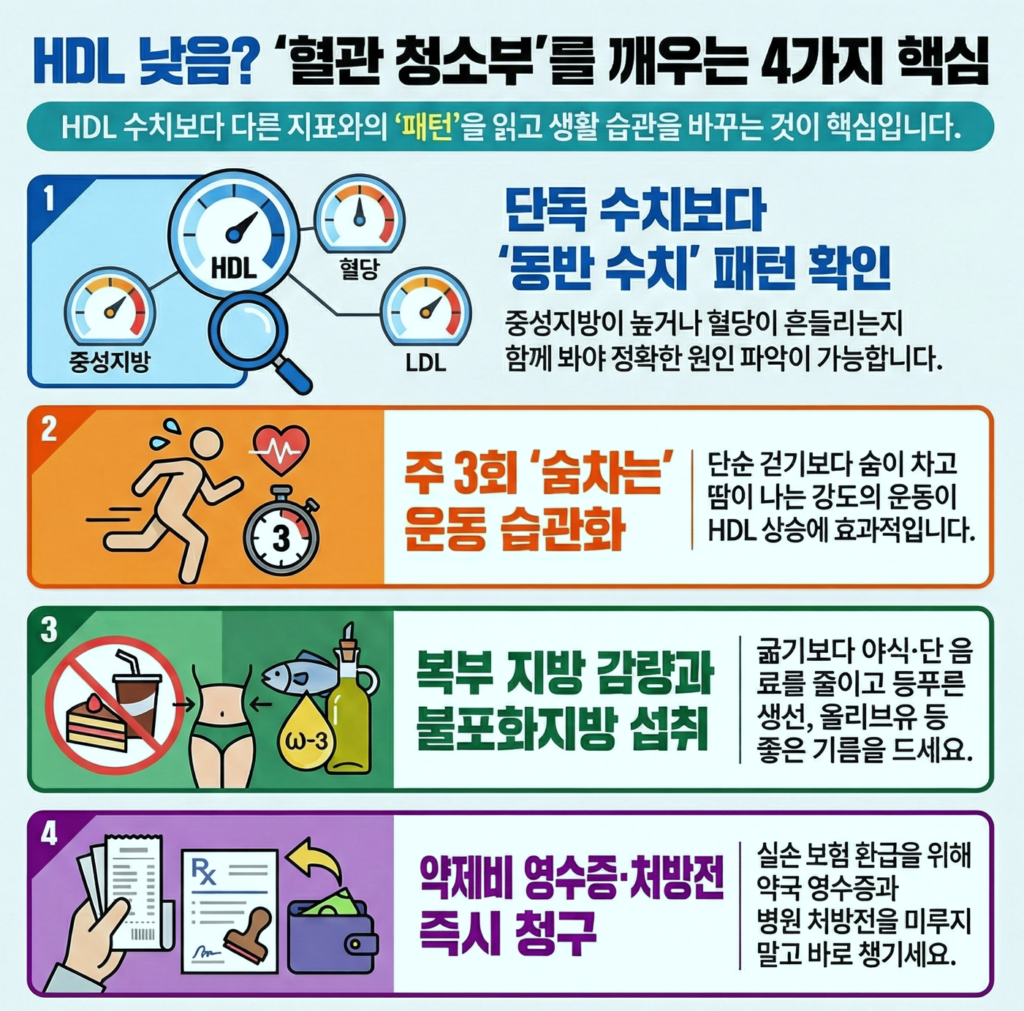 HDL(좋은 콜레스테롤) 낮음은 ‘단독 수치’보다 동반 패턴으로 먼저 판단합니다