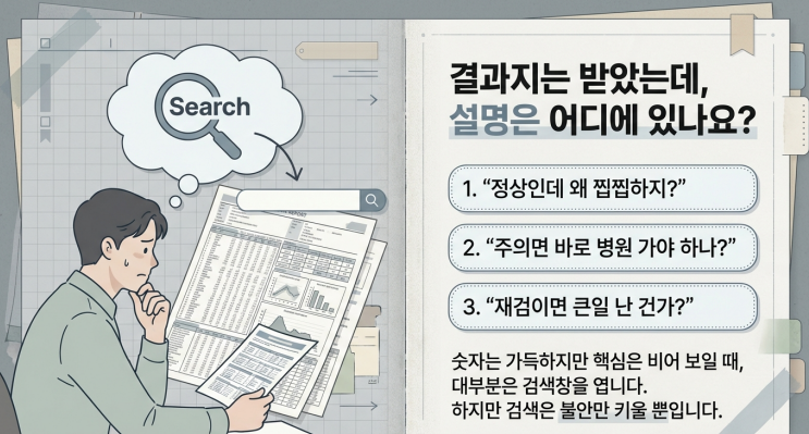 건강검진 헷갈리는 질문 해결 루트: 정상/주의/재검 다음 행동 흐름도