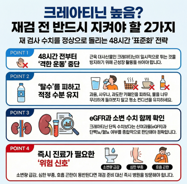크레아티닌이 ‘한 번 튀었다’는 사실보다, 재검 전에 무엇을 피했는지가 결과를 더 바꿉니다.