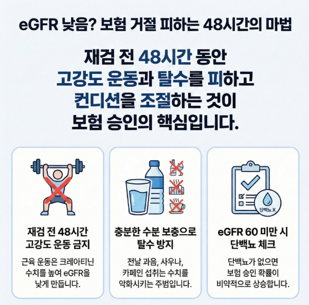 결과지상의 eGFR 수치는 당일 컨디션에 따라 20~30%까지 변동될 수 있습니다. 재검 전 필수 수칙을 확인하세요.