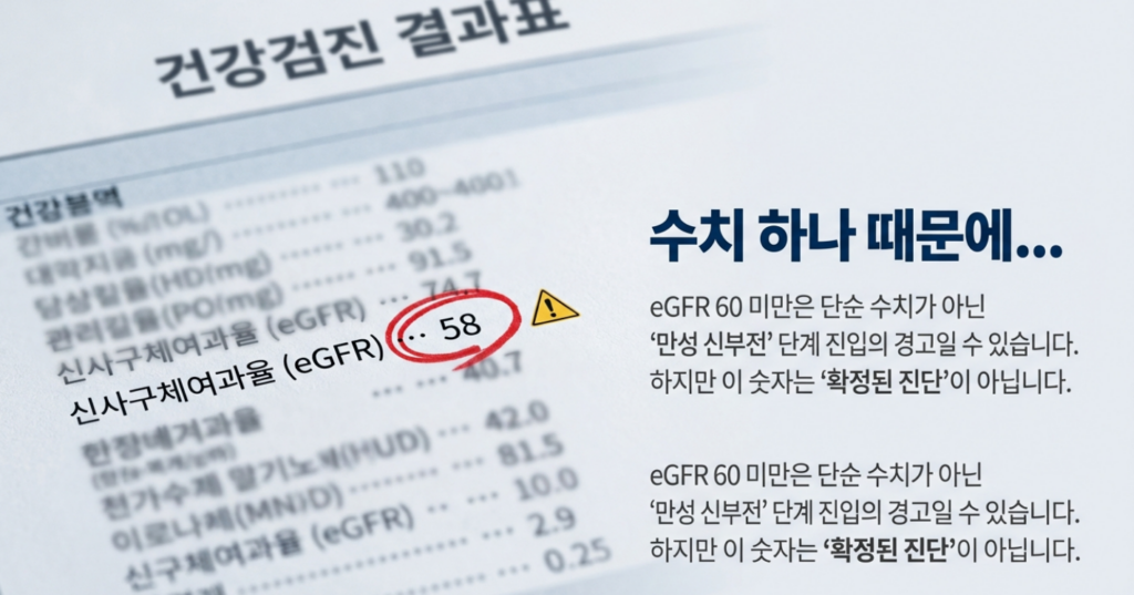 eGFR 60 미만은 단순 수치가 아닌 '만성 신부전' 단계 진입의 경고일 수 있습니다.