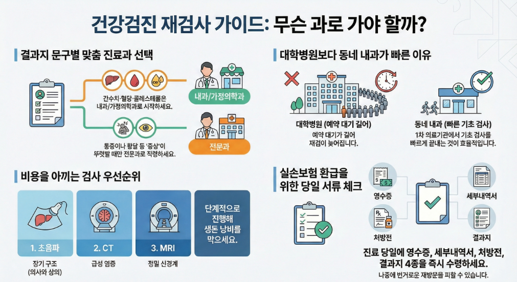 건강검진 재검사 병원에서 이상 소견이 발견됐을 때, “어느 과로 가야 하는지”를 10초 안에 정리하는 글.
