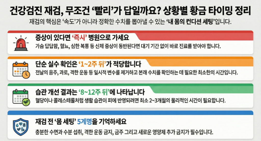 재검은 ‘빨리’가 정답이 아닙니다. 건강검진 대기 기간을 잘못 잡으면 돈·시간·불안만 커집니다.