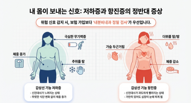 갑상선 저하증(체중 증가, 피로)과 항진증(체중 감소, 두근거림)은 신체 대사 속도가 달라 정반대의 증상이 나타납니다.