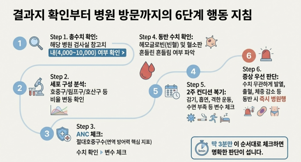 백혈구 정상범위는 출발점일 뿐입니다. 진짜 중요한 건 감별백혈구, 증상, 그리고 다음 행동입니다.