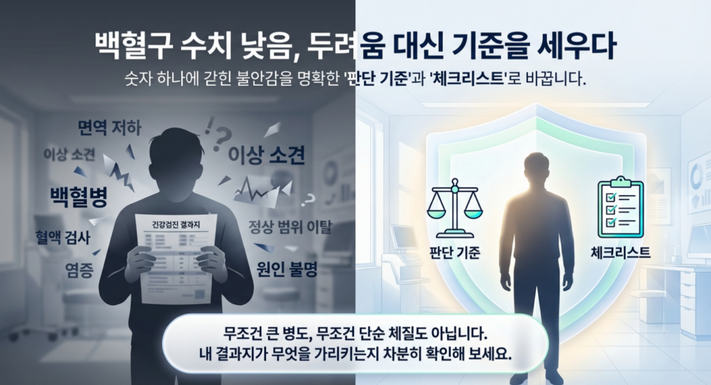 백혈구 낮음은 숫자 하나만 보고 겁먹을 문제가 아닙니다. 감염 위험이 실제로 올라가는 상황인지 먼저 구분해야 합니다.