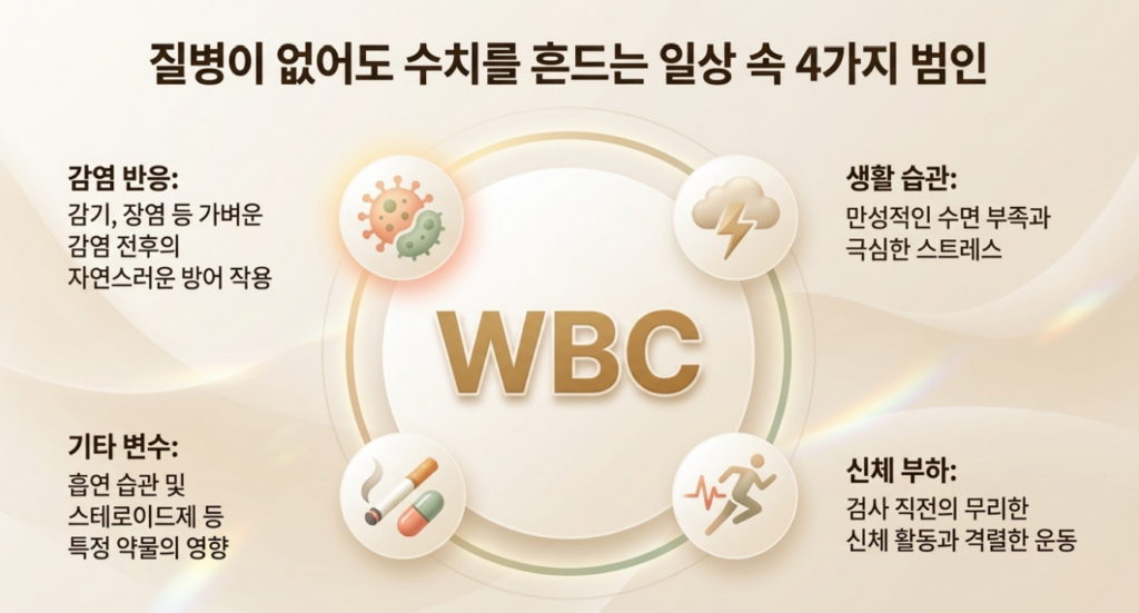 백혈구 수치 변동은 감염·염증·스트레스·흡연·약물처럼 일상적인 변수와 질환 신호가 함께 섞여 있을 수 있습니다.