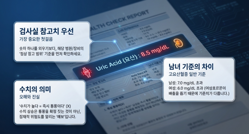 요산 수치는 숫자 하나만 외우는 것보다 내 결과지가 정상 범위 안인지, 그리고 통풍·신장결석과 연결될 수 있는지 같이 보는 게 더 중요합니다.