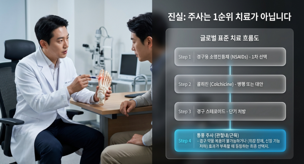 통풍 주사 치료는 무조건 맞는 치료가 아니라, 급성 발작에서 먹는 약이 어렵거나 효과가 부족할 때 선택지가 될 수 있습니다.