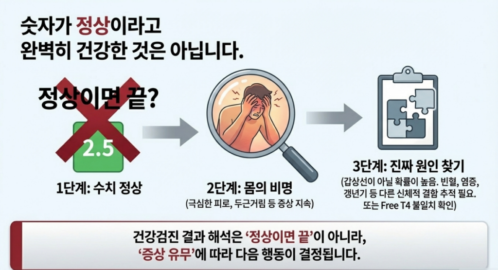 TSH가 정상으로 표시돼도 증상, 임신 여부, 약 복용 여부까지 같이 봐야 해석이 흔들리지 않습니다.