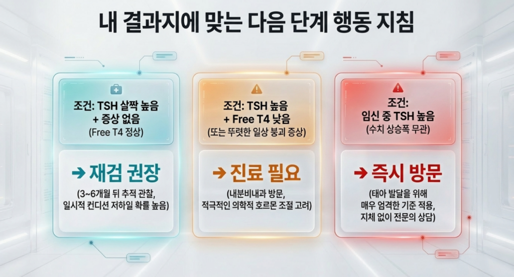 TSH 높음 결과는 숫자 하나로 확정하지 말고, 가능성의 무게를 나누는 방식으로 보는 것이 실제 판단에 더 가깝습니다.