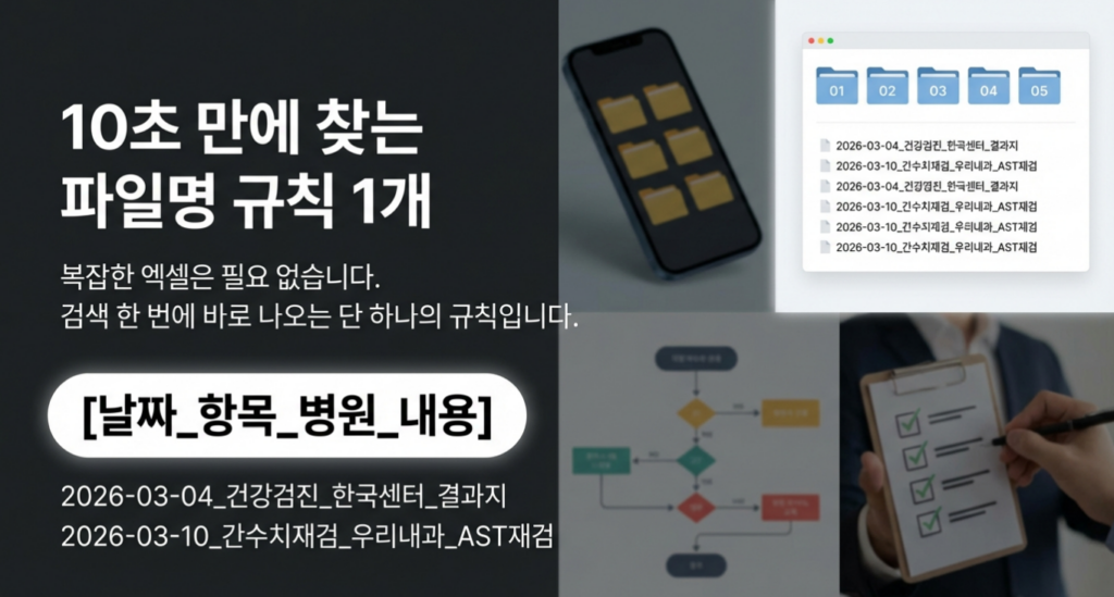 파일명 규칙 1개만 지켜도 필요한 서류를 10초 만에 찾을 수 있습니다. 복잡한 엑셀은 필요 없습니다.