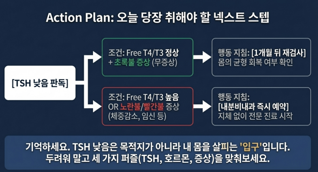 TSH 낮음 결과는 숫자 하나로 확정하지 말고, 가능성의 무게를 나누는 방식으로 보는 것이 실제 판단에 더 가깝습니다.