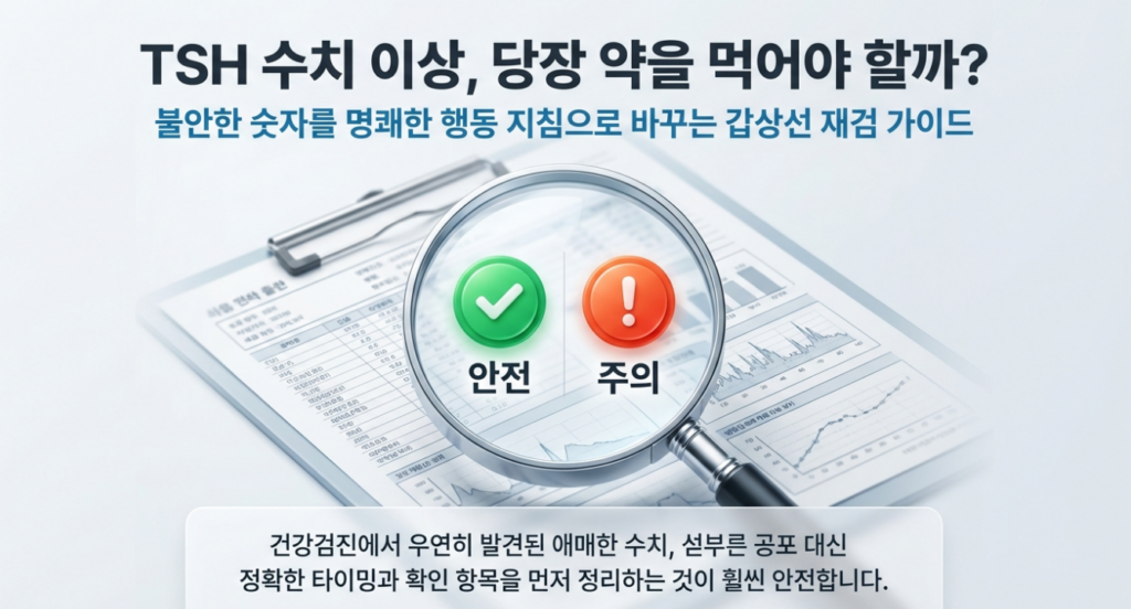 TSH는 높거나 낮게 한 번 나왔다고 바로 결론 내리기보다, 재검 타이밍과 같이 봐야 할 항목을 먼저 정리하는 쪽이 훨씬 안전합니다.