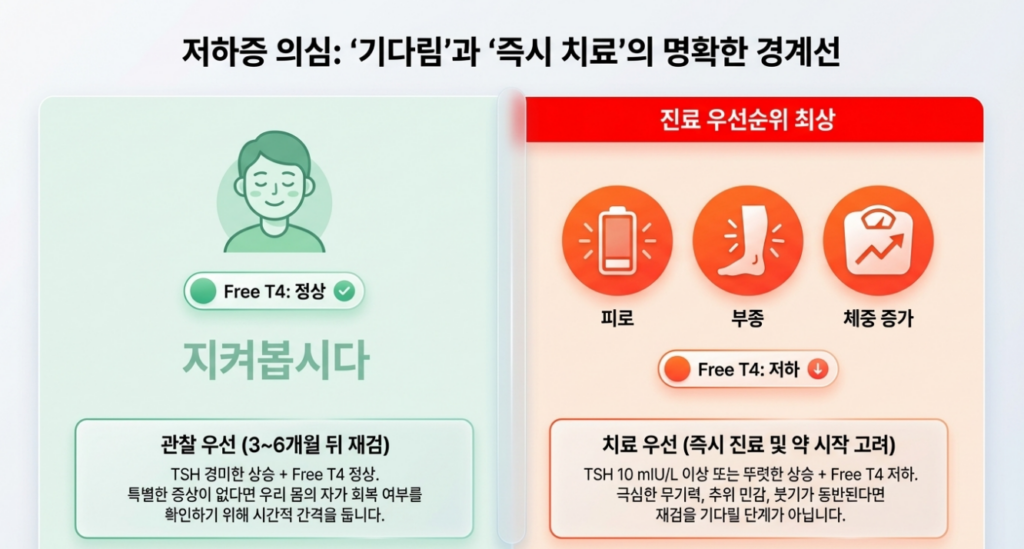 TSH 높음은 경미한 상승인지, Free T4까지 같이 이상한지에 따라 재검 타이밍과 진료 우선순위가 달라집니다.
